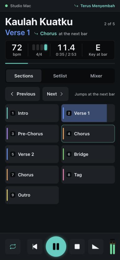 The phone remote: the song, section, tempo and key at the top, and the song’s sections as buttons below.